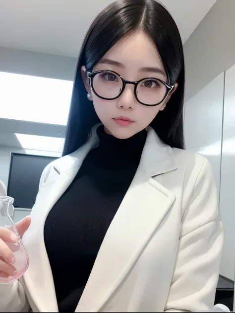 Intelligent woman、   black hair 、  white skin、 pink lips、  wear a white coat over a black turtleneck sweater、  round rimmed glasses  、White rubber gloves、Chemistry Laboratory 、Test tube、 beaker 、microscope、