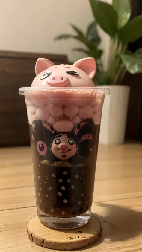 This image features a creative and playful design of a pink boba tea cup with a smiling face, googly eyes, and black tapioca pearls drawn at the bottom. The cup has a coin slot on the lid, suggesting it is a DIY piggy bank. A hand is seen inserting a coin ...