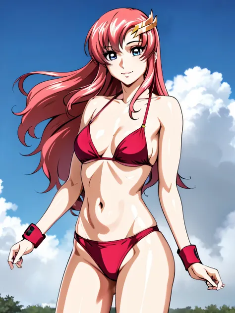 lacus4, masterpiece, cowboy shot, very slim shoulders, 4K, Best Quality, Anime style: 1.9, happy, Adult Woman, ((ultra detailed face)), (Crowd, cloud background), Drawing lines, high resolution, lacus4, 1girl, Solo, curvy figure, clavicle, scapular, (Detai...