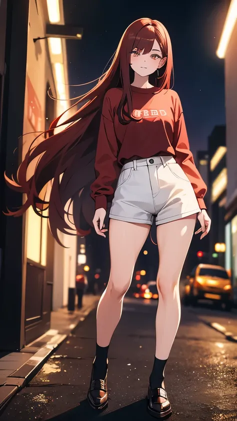 1 girl, (hot girl), (long dark red hair), brown eyes, (), (5ft 6 inches tall), (casual long-sleeve shirt and shorts with thigh-high socks), (strong abs), (skinny-voluptuous body shape), medium breasts, medium ass, wide legs, (walking down street), (city ba...