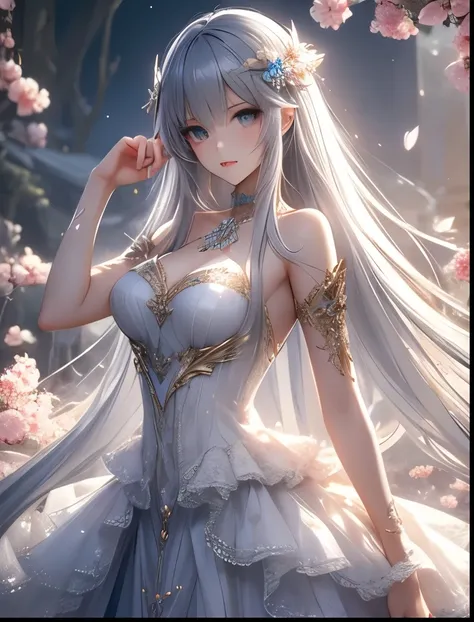 （（（ＳＦＷ、Accuracy、Highest quality、 A first-class masterpiece 、 Normal body 、8k、   detailed face 、 super precision 、   Normal Hands 、5 fingers、Highest、3d）））、『DeepOne - Zero and Infinite Fragments』、Frau、 beautiful girl、Gray Hair、 long hair、 slender、 slim、Big B...