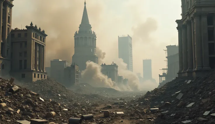 A post-apocalyptic scene of Moscow in ruins. The city is filled with piles of debris, shattered buildings, and broken structures. Dust and smoke hang heavily in the air, creating a chaotic and desolate atmosphere. Rubble and twisted metal dominate the land...