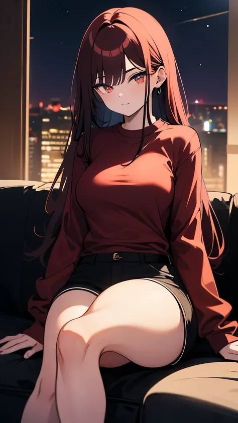 1 girl, (hot girl), (long dark red hair), brown eyes, (5ft 6 inches tall), (casual long-sleeve shirt and shorts with thigh-high socks), (strong abs), (skinny-voluptuous body shape), medium breasts, medium ass, wide legs, (sitting on couch), (lifting shirt)...