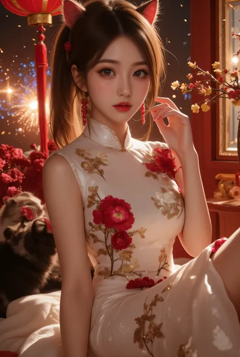 Cat ears、 face up、((( Lying in Bed))) attractive, pretty girl, ponytail、 (( fine facial features , eroticism)), dramatic lighting , realistic , 8k, Dramatic Shadows , intricate and elaborate patterns , super detailed photo ...