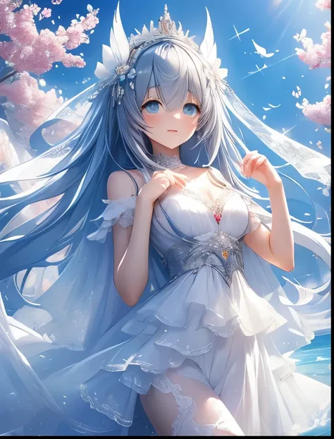 （（（ＳＦＷ、Accuracy、Highest quality、 A first-class masterpiece 、 Normal body 、8k、   detailed face 、 super precision 、   Normal Hands 、5 fingers、Highest、3d）））、『DeepOne - Zero and Infinite Fragments』、Frau、 beautiful girl、Gray Hair、 long hair、 slender、 slim、Big B...