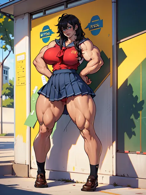 ( 1 girl in the best), ( full body),   black hair, Very long hair,  yellow eyes, ( giant female bodybuilder:2), (Wide hips:1.6), ( thin waist:1.6), (( long legs :1.6)), (Big Breasts:2),  thighs, Alone, Sunburned black skin , ( school uniform :2), (I have t...