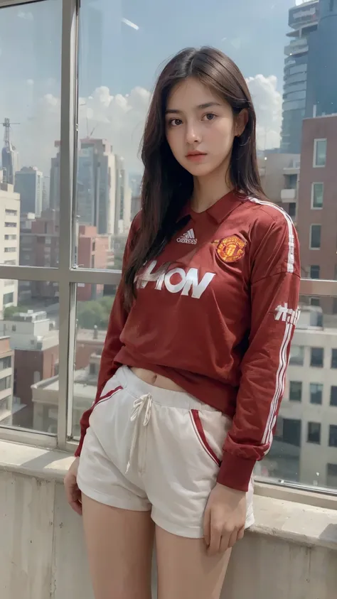 daylight, ((1girl,  red jersey with manchester united logo, in the balcony hotel, camel toe, arrousing, temptating, seducing)),( rich detail, crisp detail, sharp image, 8k RAW photo, highest quality, High resolution:1.1), (hyperrealistic:1.4),(realistic, p...