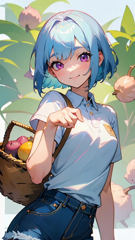  upper body closeup、 light blue hair、 bob hair、 pink eyes、smile、 super high leg cut micro denim shorts with 、 short sleeve polo shirt 、Hold a basket with lots of acorns