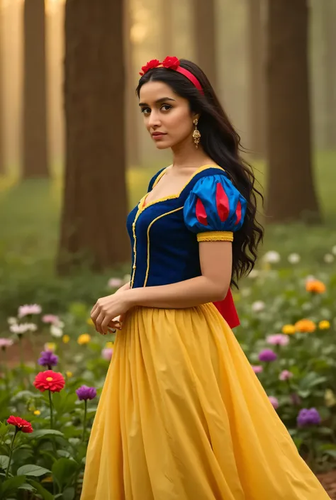 A beautiful young woman, Shraddha Kapoor, as the Disney princess Snow White, porcelain skin, rosy cheeks, large innocent eyes, long dark eyelashes, delicate facial features, flowing dark hair, wearing a blue and yellow princess dress, standing in a lush, v...