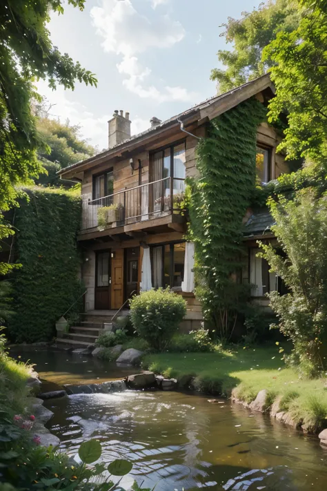 Here’s the translation:

A picturesque apartment in Scotland, located at the edge of a lush green forest, surrounded by towering trees and vibrant ferns. Below, a crystal-clear river gently winds through the landscape, its surface shimmering under a slight...