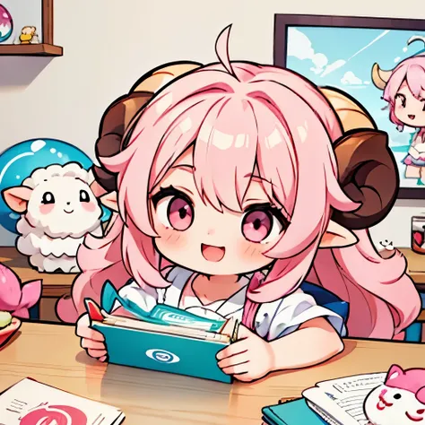 A close-up anime-style illustration of a girl named 'Fua-chan' with long, soft pink hair styled ((in curls resembling sheep’s horns. ))She has bright pink eyes and a big, cheerful smile. Fua-chan is sitting at a table, enthusiastically playing Pokémon card...