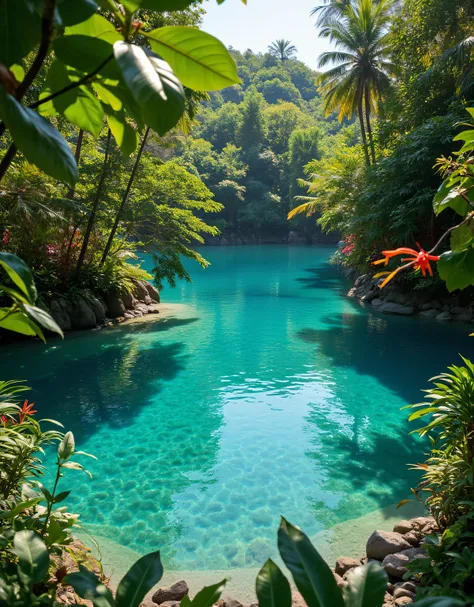 A miraculously beautiful transparent small lake in the jungle、 The inside is crystal clear and everything is visible 、There are leaves in the foreground 、 water surface close-up、There are tropical plants flowers、No people、 Colorful Flowers 、Horizontal angl...