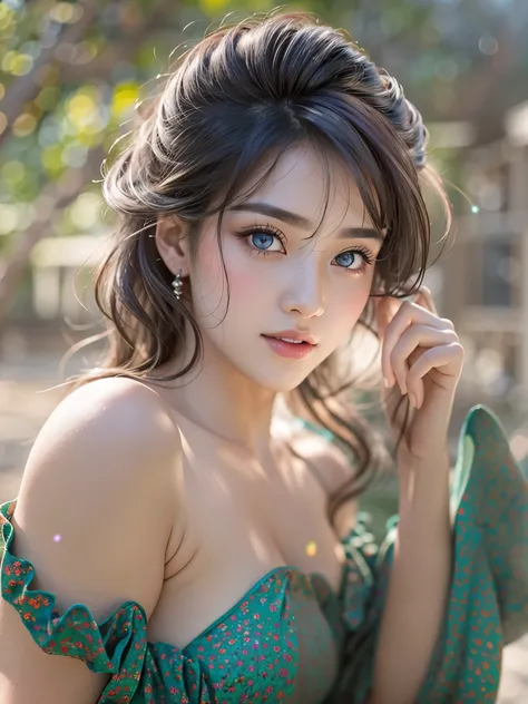 Beau,1woman, (Ultra realistic, high res), (highly detailed crystal eyes, highly detailed black hair, highly detailed face, highly detailed plump lips), (off shoulder with open breasts), breasts, full body, caute smile, (best quality:1.4), Raw photo, (reali...