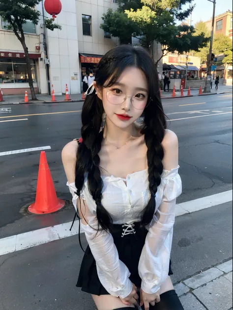  braid twin tails、Big black ribbon、Round Glasses、 sharpen your mouth、 china clothes、New Chinese style black off-shoulder botanical pattern openwork blouse、black mini flared skirt integrated with corset、Black knee-high fishnet stockings、 black lace-up boots...