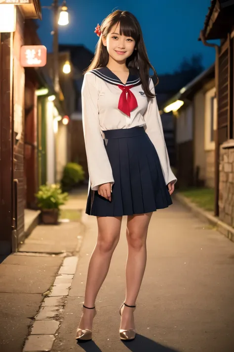 Perfect composition, Proper placement, Golden Ratio, masterpiece,  best quality,  high definition ,  one  Girl, Cute (Girl:(loli:1.5), full body focus, full body shot, view the viewer, smiling, standing,  Wearing a Japanese High School Sailor Suit:1.331, W...