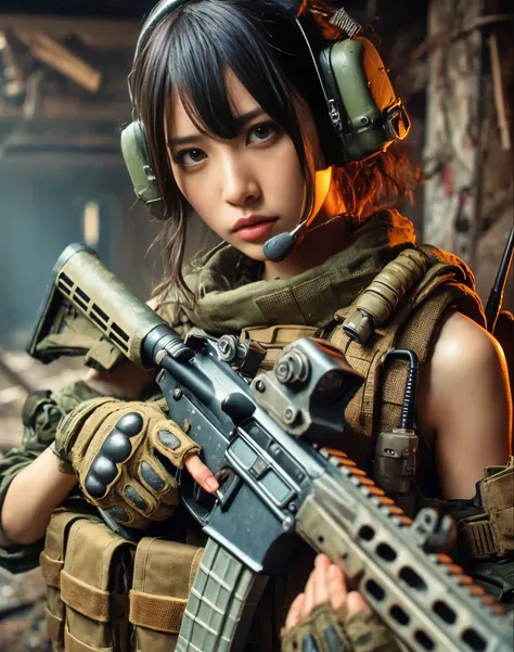 Japanese women in the military. an automatic rifle and looking nervous、bulletproof vest.Backpack.The work depicts in detail a warrior holding an automatic rifle in a post-apocalyptic  The focus should be on the realistic skin texture, capturing every nuanc...