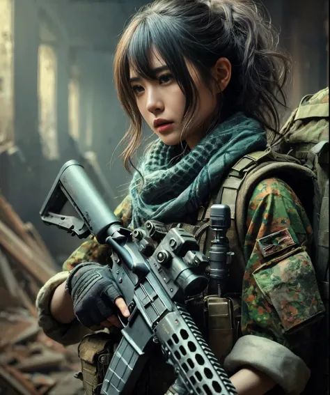 Japanese women in the military. an automatic rifle and looking nervous、bulletproof vest.Backpack.The work depicts in detail a warrior holding an automatic rifle in a post-apocalyptic  The focus should be on the realistic skin texture, capturing every nuanc...