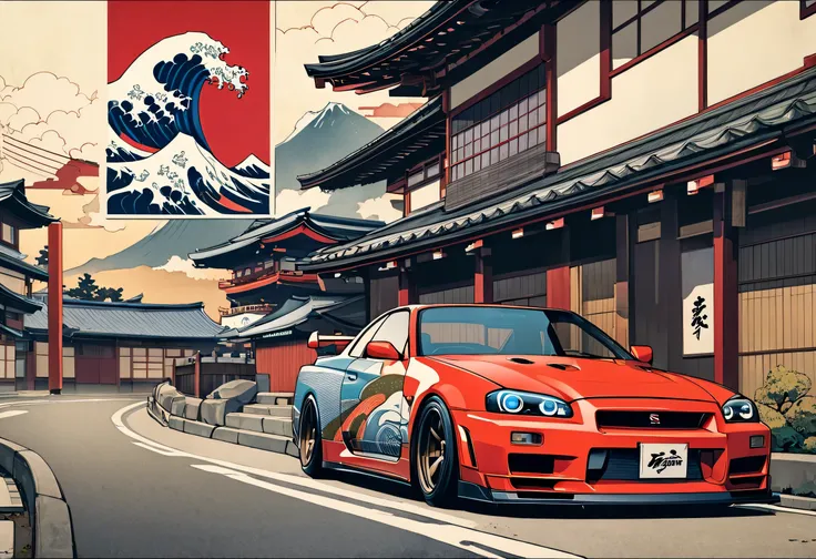 Alaf photo of a car parked in front of a gate, Vector art inspired by Yoshida Hanbei  ,  pixiv contest winners, ukiyo-e,  hodgepodge Nissan R34GTR ,  Nissan GTR R 34 ,   Japanese-style poster  , Nostalgic 8k , 90s japan, Japanese painting style, , 3 days 8...