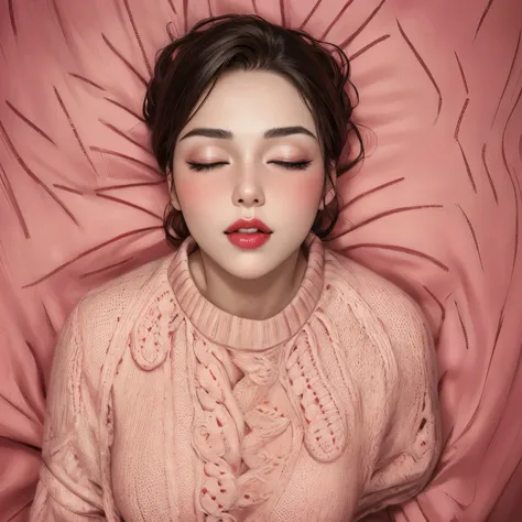 Amazing portrait of a woman who is 30 years old and an adult and a sexy woman with her eyes closed and her mouth open with a very deep blush and the tip of her nose is red having a long neck emphasised by her off shoulder pink sweater showcasing her medium...