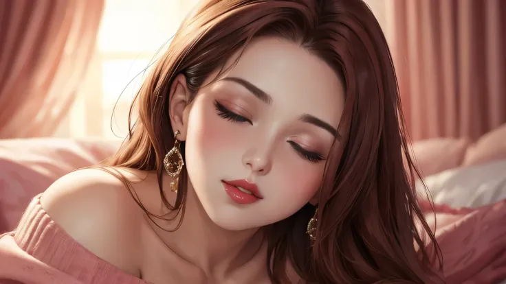 Amazing portrait of a woman who is 30 years old and an adult and a sexy woman with her eyes closed and her mouth open with a very deep blush and the tip of her nose is red having a long neck emphasised by her off shoulder pink sweater showcasing her medium...