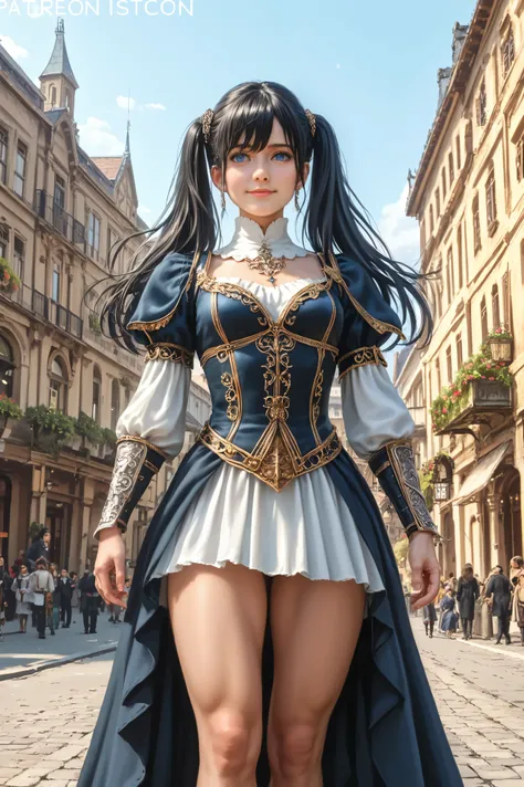 (masterpiece:1.2), [(female warrior with a ornate elegant sophisticated cover walking away), (hair between eyes, fringe),(two twin tails long hair), (long black hair flowing), (blue eyes), in a swordsman style dark armor, gorgeous platinum bracers, slender...