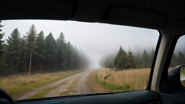 a woman sleeping inside a car, view from the window outside a foggy forest