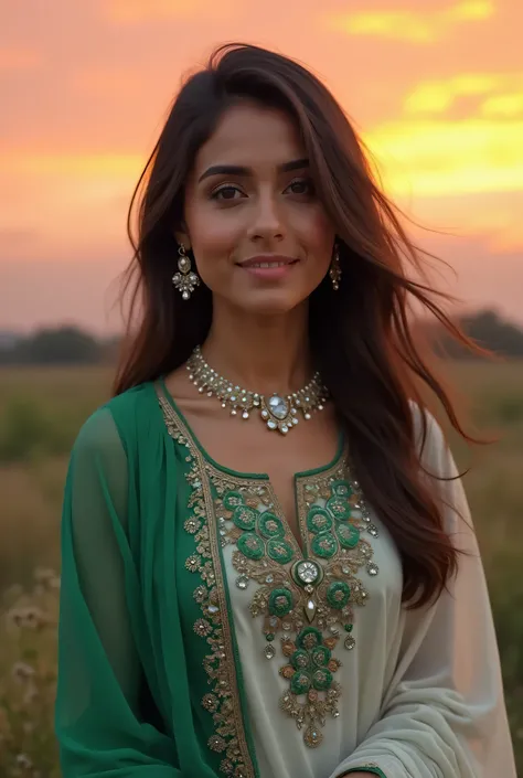 

"Imagine a beautiful Pakistani girl with a warm smile, wearing a traditional green and white shalwar kameez, adorned with intricate embroidery and sparkling jewelry, set against a stunning backdrop  at sunset."