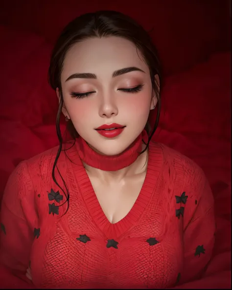 Amazing portrait of a woman who is 30 years old and an adult and a sexy woman with her eyes closed and her mouth open with a very deep blush and the tip of her nose is red having a long neck emphasised by her off shoulder pink sweater showcasing her medium...