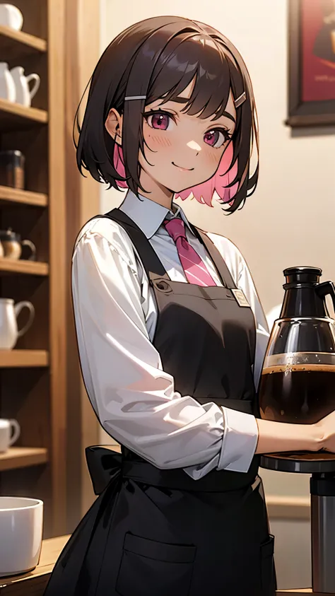  girl working in a coffee shop 、Brew coffee in a coffee maker 、 expressive eyes 、 brown apron、 silver and bob short hairstyle、 tie your hair with hair clips、 pink eyes、Laughter、smile、 upper body closeup、 perfect lighting、Warm colors、 white shirt 、Barista、 ...