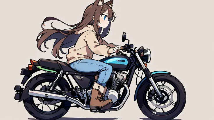 woman、Fox Ears brown hair、blue eyes、 long hair、 denim、 beige hoodie、 boots、 profile 、I'm riding a dark blue motorcycle、 simple background、 high definition