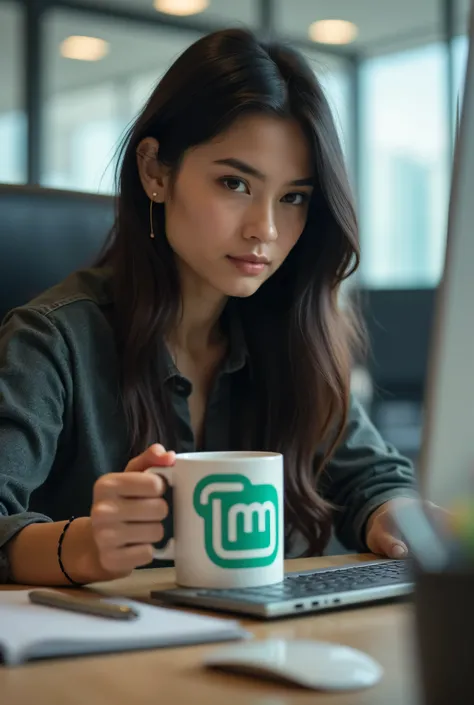  A beautiful girl with dark and long hair in the office works enthusiastically at the computer. She is holding a mug of coffee ,  in her hand with a large Linux Mint logo . Create image 16:9. 