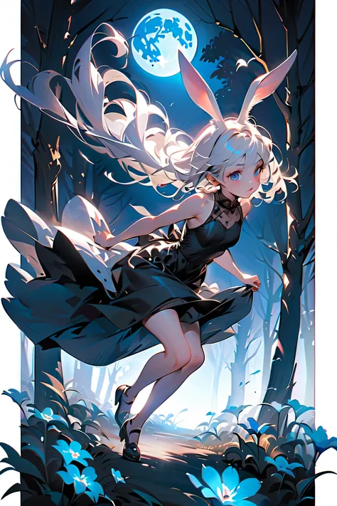 beauty girl, rabbit girl, full body, night time, dark forest, blue moon, blue light, blue lighting flowers,  long black dress, semi realistic, jump with knees bent, The skirt is flipped up by wind, 