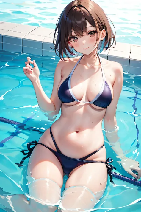 (((swimsuit))),smile,belly out,boyish,brown short hair,swimming,
