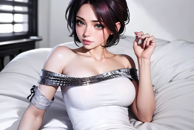 Sexy and cute girl, short bob hairstyle, seductive gaze, blushing intensely, parted lips, desperate, flustered, lustful, off shoulder t shirt, bare shoulder, lying on bed