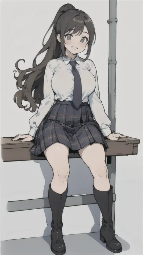 ( top quality, masterpiece,  RAW photos , very detailed:1.2)、 cute girl、(solo:1.2)、Big Breasts、( white shirt、 tie)、 plaid skirt 、tights、 short boots、 simple background、blush、 grin 、Curly hair、Chestnut long hair、 ponytail、Sitting on the fence、