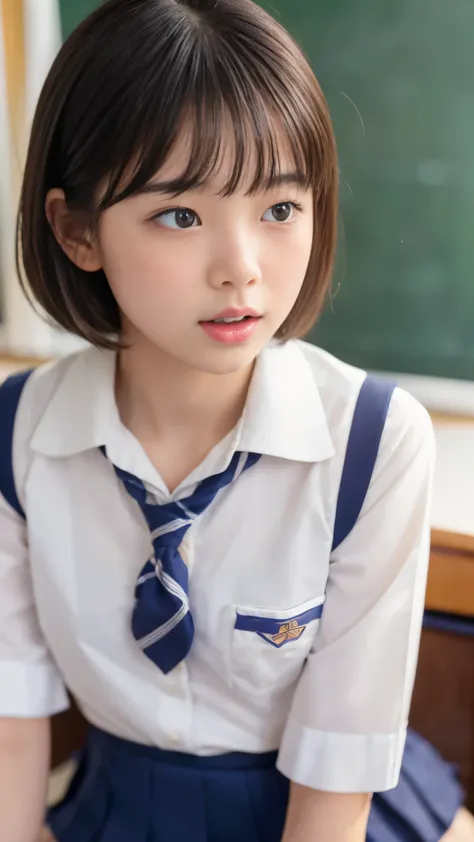 ( highest quality:1.4), long bangs、(beautiful, beautiful, perfection, delicate, complex:1.2), (Classroom Background, High Contrast), beautiful asian woman leaning forward on desk, Sailor suit, chest valley, short hair, ((big_chest:1.3)), Expressions of joy...