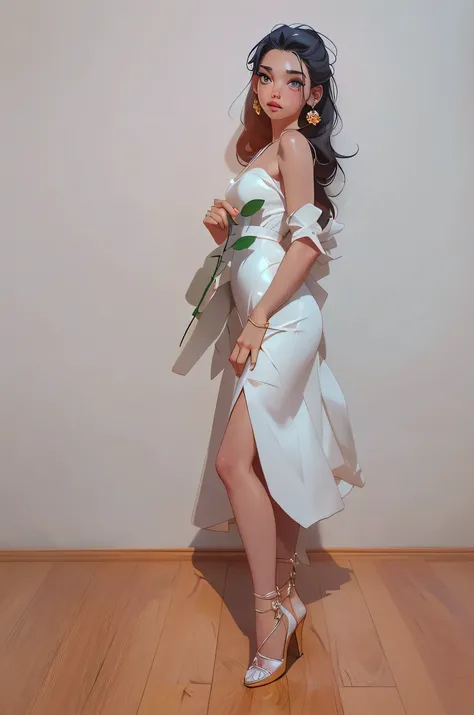 arafed woman in a white dress holding a rose in her hand, wearing white dress, full body photoshoot, in white clothes, white dress, wearing heels and white dress, full body white dress, side pose, dressed in white, dressed a long white, a beautiful woman i...