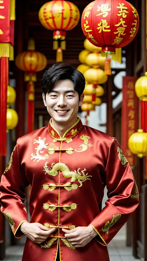 Handsome Korean man in red Traditional Chinese dress smile, make chinese greeting, standing in front of word "Happy Chinese New year" around with Chinese decorations, dragon, High Resolution, Masterpiece, Anatomically Correct, High Details, High Quality, 