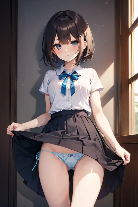 (((pantyshot, panties shot))),light blue panties,anguish,boyish,brown short hair,small breasts,