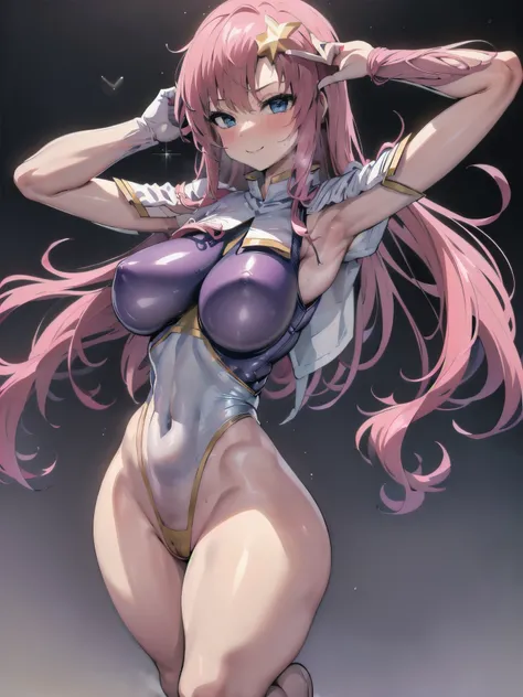 (masterpiece）、（ best image quality）、（ very detailed）、（ very detailed）、4K、（8k）、 best image quality、（ beautiful）、
 urine overflowing from her pussy ,  1 girl, star  hair accessories ,  hair accessories ,  pink hair with a scar,  long hair,  gloves,  purple l...