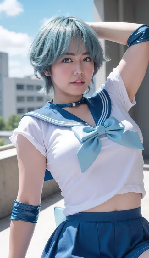 Top quality, masterpiece, very high resolution, incredibly absurdres, highly detailed, delicate and dynamic,
Theme.(Solo).(Sailor Mercury cosplay),
Clothing characteristics.(Blue sailor uniform with a handmade feel, ankle strap sandals),
Hair characteristi...