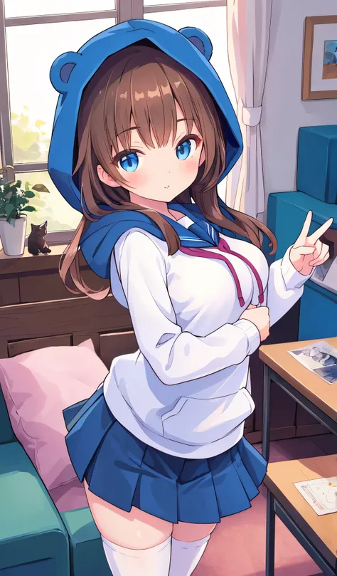  Beautiful illustration ,  best quality, cute girl,  dynamic angle , cute,  lolita school uniform ,,  mini skirt,  brown hair girl bear, Cat,hoodie,white, with blue tones,, hood up,   Short skirt tights,  medium breasts , in living room, of classes ,