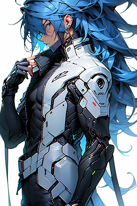 male, no emotion, dark blue hair, long hair, no background, cyber