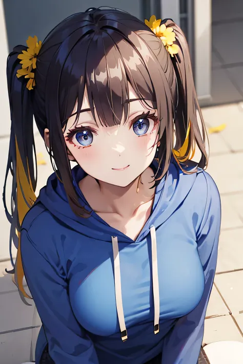 yellow rabbit ears 、 yellow hair long hair twin tails、 Tails、Age 30、woman、Indigo eyes、blue hoodie with long hem ,whole body、1 person、smile、 beautiful breasts