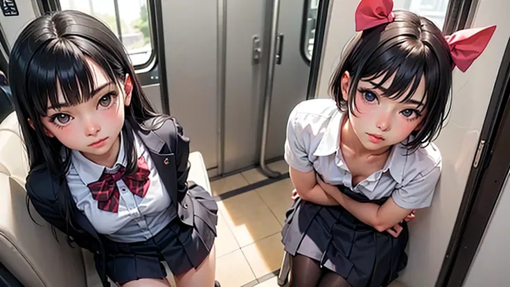 Anime girl in a car with a pink bow and a white shirt, seductive anime girl , a hyperrealistic schoolboy, attractive anime girl, Ecchi, ecchi anime style, hyperrealistic schoolboy, Cute schoolgirl , sat in the corridor of the train , makoto shinka, Rail gu...