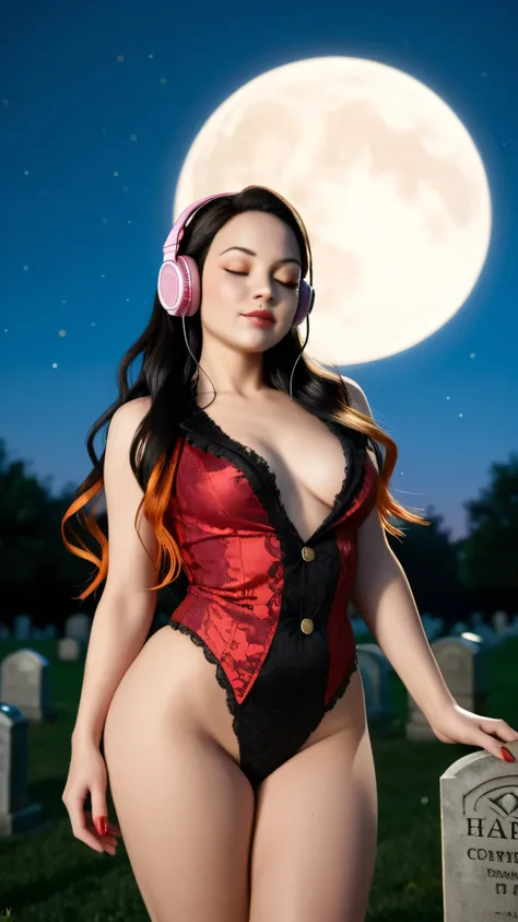 Nezuko Kamado /  KIMETSU NO YAIBA, Bicolor fur,   A woman   ,  long hair,   eyes closed,  very serious look,  listening to music with headphones in her ears, she opted for a Harley Queen mini suit, lace,    medium breasts ,  No apto para el trabajo,   fat ...