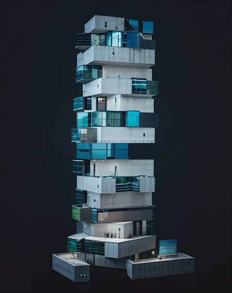 Modern business tower made of concrete, many glass windows, doors.