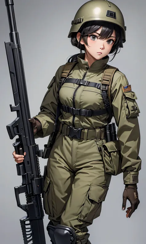  a female special soldier 、Front 、Patrol with guns、 wearing a steel helmet 、Wearing a beige military uniform 、 Double Oblique Belt  、Tactical shoulder strap、Magazine Pouch，Gloves、Military Pants、Knee pads， write details、  masterpiece、 质量最优 、High precision C...