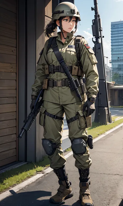  a female special soldier 、Front 、Patrol with guns、 wearing a steel helmet 、Wearing a beige military uniform 、 Double Oblique Belt  、Tactical shoulder strap、Magazine Pouch，Gloves、Military Pants、Knee pads， write details、  masterpiece、 质量最优 、High precision C...