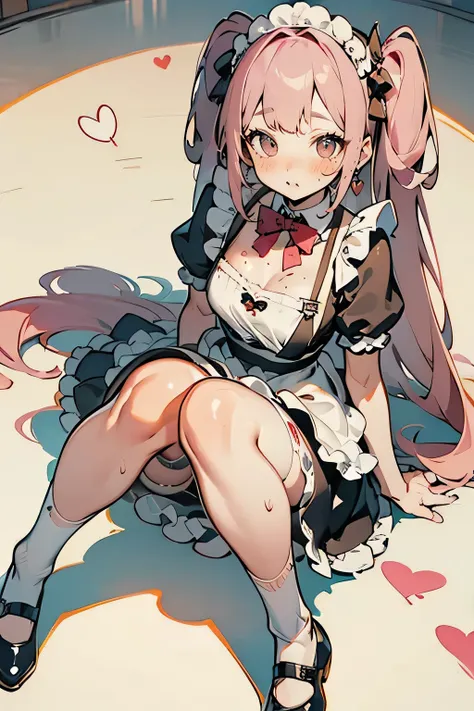  one girl,  apron, bow, cube  hair accessories ,  dress , frills,  dark ( Performances),  hair accessories , heart, heart hands,  long hair,  diverts gaze, Maid, Maid  apron, Maid head dress ,  Mary Jane, One side up,  pink hair with a scar, Shadow Face, s...